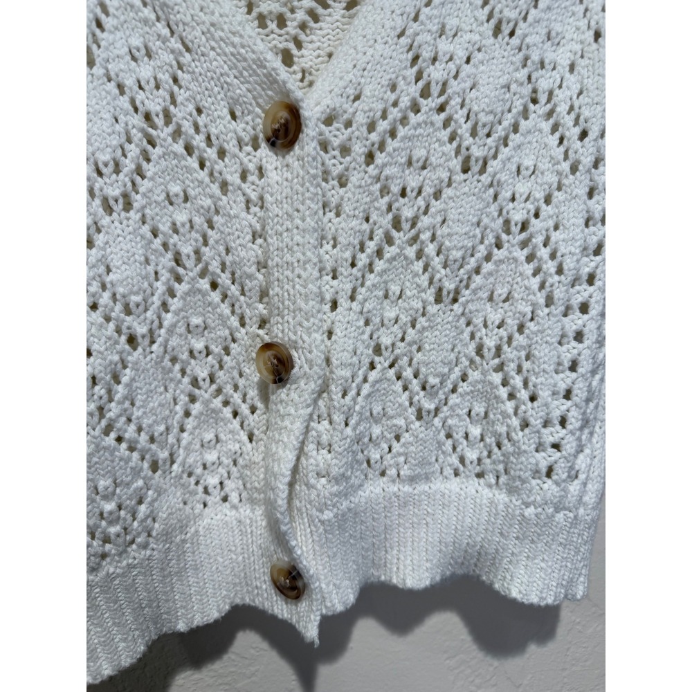Hem & Thread White Pointelle Knit Short Sleeve Button Front Cardigan Sweater L - Picture 6 of 8